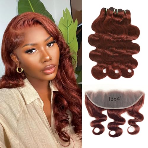 12A Reddish Brown Body Wave 3 Bundles Human Hair With HD Frontal Pre Plucked 14 16 18+12 IN Double Drawn Copper Auburn 13x4 Ear To Ear Frontal With Bundles 100% Raw Hair Colored 33B