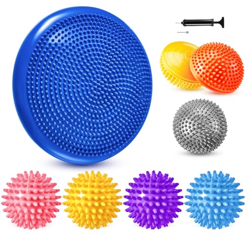 Meooeck Inflatable Wobble Cushion Set for Sensory Kids Balance Disc with 3 Balance Pods and 4 Spiky Massage Balls, Wiggle Seat Stepping Pads for Adults, Kids, Dogs Exercise Stability(Vivid Colors)