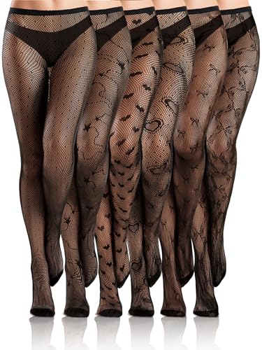 Ramede 6 Pairs Women Fishnet Thigh High Stockings Waist Tights Bow Patterned Goth Fishnet Leggings Pantyhose for Halloween (Black,L-XL)