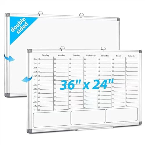 ONAVIA White Board Dry Erase Calendar for Wall, Magnetic Weekly Schedule-Board with Hourly Time Slots for Home, Office,Work, School, Hanging Double-Sided Whiteboard with Marker Tray, 36" × 24"