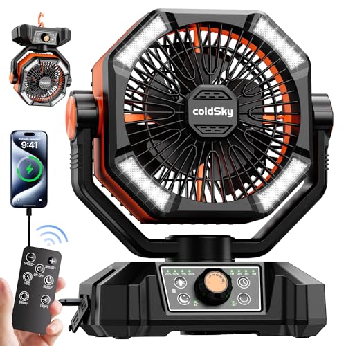 coldSky 𝟮𝟬𝟬𝟬𝟬𝗺𝗔𝗵 Camping Fan with 𝗗𝘂𝗮𝗹 𝗠𝗼𝘁𝗼𝗿, Battery Operated Fan with 4 LED Lantern, 8 Speeds Desk Fan with Remote, Portable Outdoor Fan with Hook for Tent, Power Outages, Jobsite