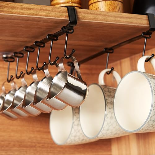 XILAOTOU Mug Rack Under Cabinet - Coffee Cup Holder, Each Bracket is Equipped with 6 and Adjustable Position of The Hook, Display Hanging Cups Drying Hook for Bar Kitchen Utensils Black 2 Sets