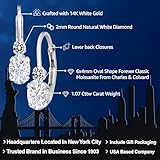 Gem Stone King 14K White Gold Moissanite and White Diamond Leverback Earrings For Women | 1.07 Cttw | Gemstone | Oval 6X4MM, Round 2MM | 3/4 Inch