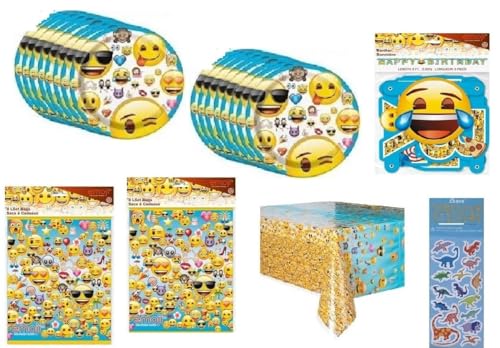 Emoji Birthday Party Supplies Bundle includes 16 Plates, 1 Table Cover, 1 Banner, 16 Loot Bags, 1 Dinosaur Sticker Sheet