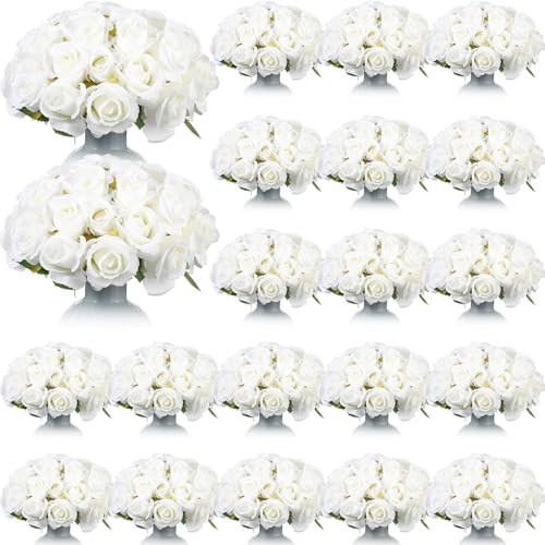 Jexine 360 Pcs 30 Bouquets Artificial Roses Flowers Bulk Fake Roses Flower Bouquets Realistic Silk Faux Rose with Stems for Wedding Home Table Party Decorations(White)