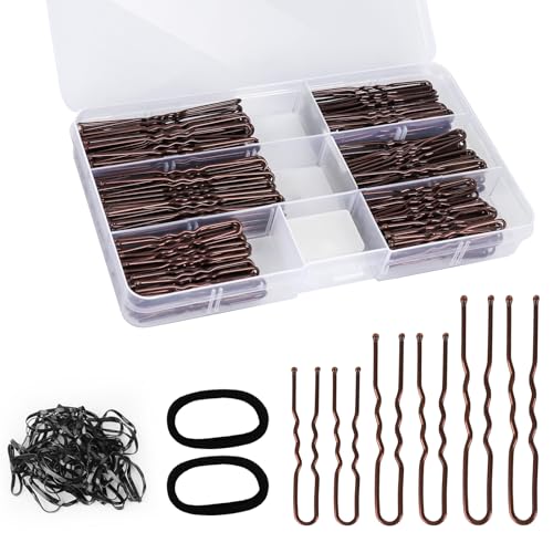 300Pcs U-Shaped Hair Pins (2.8IN, 2.4IN, 2IN) for Women, Kids, Girls - with Storage Box, 2Pcs Thick Seamless Hair Ties, and 50Pcs Elastic Hair Bands in Brown for All Hair Types