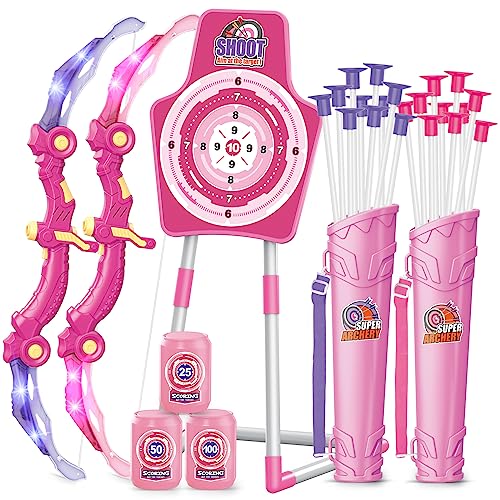 Bow and Arrow Toys for 5 6 7 8 9 10 Years Olds Girls, Archery Set Includes 2 Super Bow with LED Lights, 20 Suction Cups Arrows,Archery Set with Standing Target,3 Target Cans,Gift for Kids