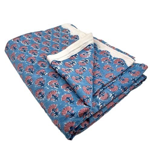 E-Tailor® Indian Handmade Ethnic 100% Cotton Running Hand Block Print Natural Fabric for Curtains Fabric (Bice Blue, 44” x 115”)
