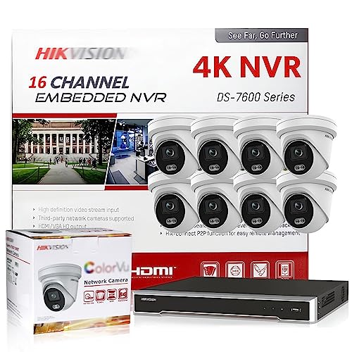 HIKV Color VU IP Camera System DS-7616NI-K2/16P 16CH 4K H265+ PoE NVR + 8 x DS-2CD2347G2-LU(DS-2CD2347G1-LU Upgrade) 4MP Full Color ACU-Sense Turret VCA IP67 PoE IP Camera Compatible with Hikvision