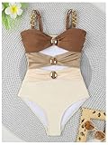 Verdusa Women's Cut Out Colorblock One Piece Swimsuit Ruched Swimwear Bathing Suit Brown Beige Large