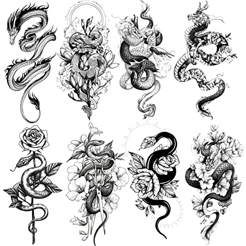 Oottati 8 Sheets Waterproof Arm Leg Fake Body Art Temporary Tattoo Dragon Snake Cross Rose Flower