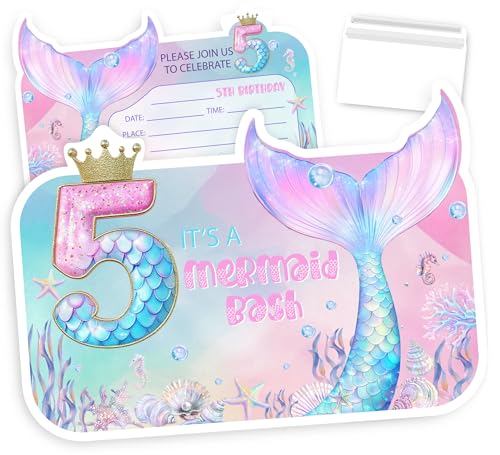 VAVINCI Mermaid Birthday Invitations, 5th Birthday for Girls Kids, Pink Mermaid Pool Party Invites, 30 Sets with Envelopes