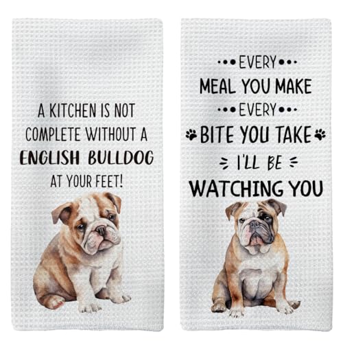 Tzhim English Bulldog Gifts Kitchen Towels Set of 2, English Bulldog Gifts for Women, English Bulldog Hand Towels, English Bulldog Dish Towels Tea Towels, Dog Kitchen Bathroom Decor, 16x24inch