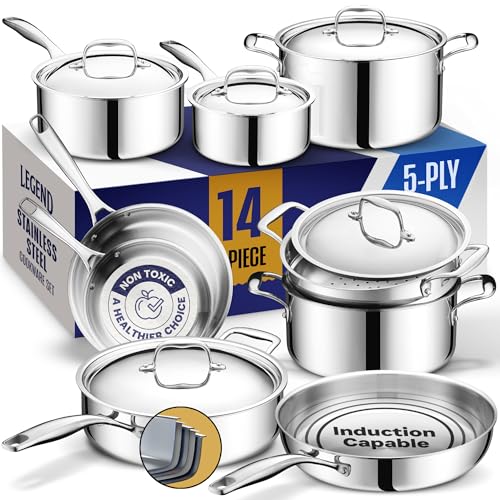 LEGEND COOKWARE Stainless Steel Cookware Set | 5 Ply, 14-Piece, Induction, Non-Toxic, Oven Safe | Best 18/8 Full Clad | Professional Kitchen Cooking, Heavy Chef Quality | PFOA, PTFE & PFOS Free