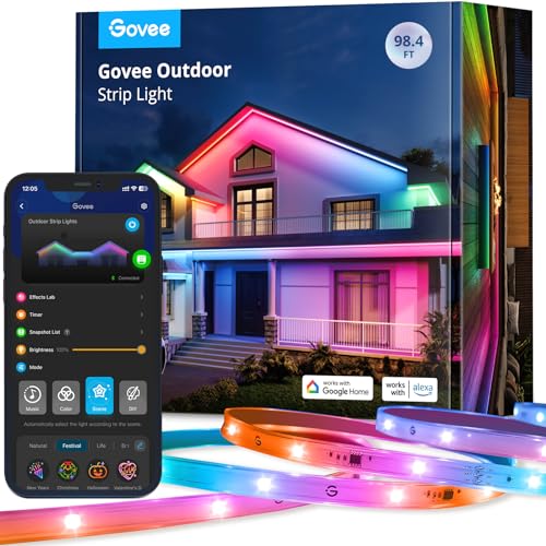 Govee Outdoor LED Strip Lights, 98.4ft Smart Outdoor Lights Work with Alexa and Google Assistant, App Control, IP65 Waterproof, RGBIC Lights for Patio, Eave, Party Decorations