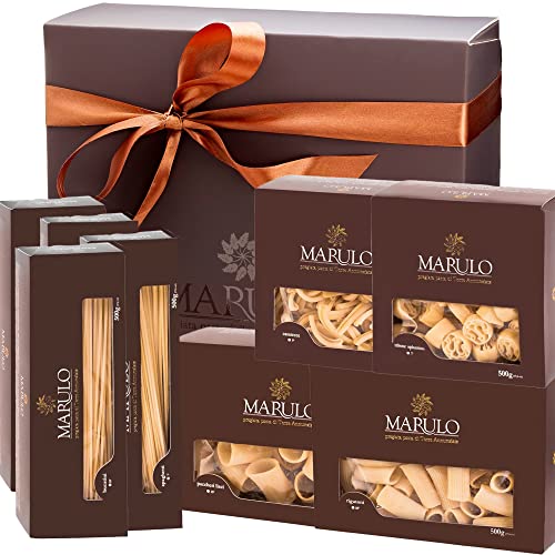 MARULO Pack of 8, Artisan Italian Gourmet Homemade Pasta Gift Basket Box Set, Gourmet Bronze Cut Pasta Set, Luxury Gold Line Box, (Tagliatelle, Linguine Spaghetti Oplontini, Bucatini, Paccheri & More)