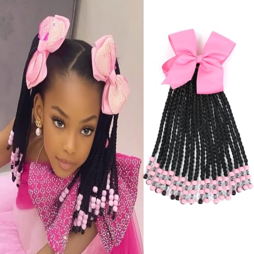 Kids Ponytail Extension With Beads Box Braids Hair Extensions For Kiddie Synthetic Hairpieces With Bows Protective Easy Fashion Hairstyle For Baby Girls Toddler Gift (Pink, Box-9inch)