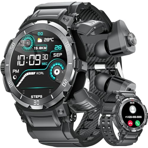 FANCHENGZI Military Smart Watch with Earbuds for Men, Bluetooth Calling can Answer and Make Calls, IP67 Water Resistant Fitness Smart Watch, Sports Fitness Tracker with Step, for Men Dad Husband