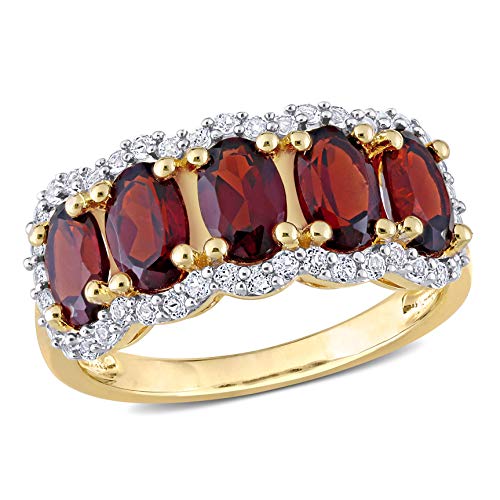 Abbie+Cleo Womens Oval Cut Red-Orange Garnet and White Topaz Gemstone Wide Band Ring in Yellow Gold Flash Plated Sterling Silver, Size 7