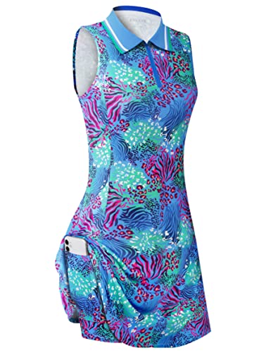 FREEYE Workout Exercise Athletic Tennis Golf Dress Outfits for Women with Shorts Pocket, 2-Piece Sleeveless Summer 2023 T-Shirts Dress Sport Casual Active-wear Apparel Clothes Leopard Medium