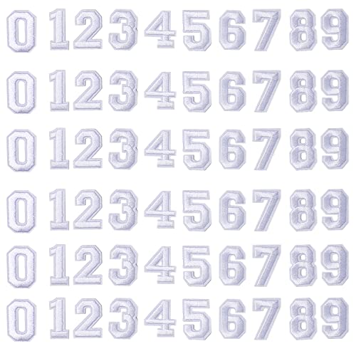 J.CARP 60Pcs White Number 0 to 9 Patches Iron on Sew on Letters for Clothing, Hats, Shoes, Backpacks, Handbags, Jeans, Jackets etc.