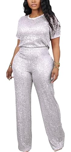 LROSEY Summer Women's Sequin Two Piece Outfits Glitter Sparkly Tops Pants Suit Set Jumpsuit for Party Disco Birthday