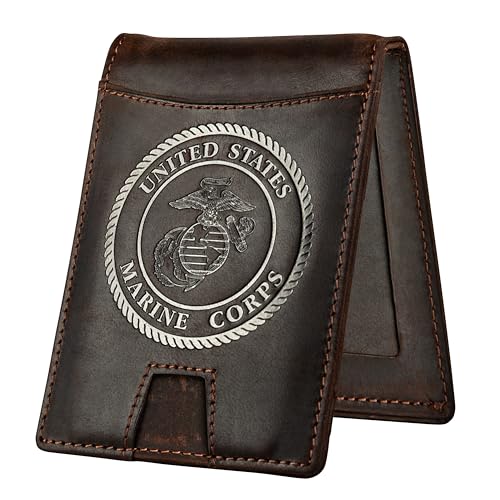 Military Veteran Products USMC Wallet RFID-Blocking Marine Corps Bi-Fold Card Holder | Crazy Horse Leather & Money Clip– Disabled USMC Vet Owned SMALL Business