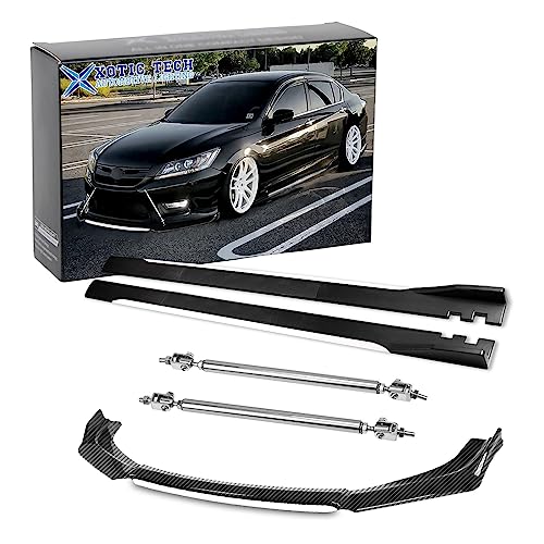 Xotic Tech Front Bumper Lip Chin Spoiler+ 2M Side Skirt Winglets Diffusers+ Adjustable 10"-13" Support Rod Universal Fit Most Vehicles, Carbon Fiber w/White