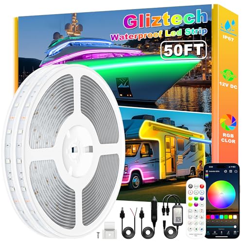 Gliztech Boat Lights Led Waterproof 50FT, 12V RGB Marine LED Strip Exterior, IP67 Pontoon Boat Lights Interior with App for Pontoon, Bass, Deck, RV, Fishing Kayak