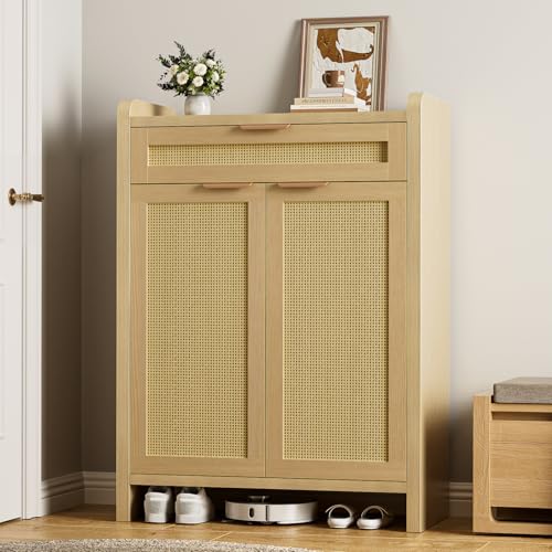 HAIOOU Shoe Cabinet Storage with Drawer, Shoe Organizer Cabinet, 45.8" Tall Rattan Shoe Cabinet with Doors Adjustable Shelves, Farmhouse Boho Wooden Storage Cabinet for Entryway Hallway Living Room