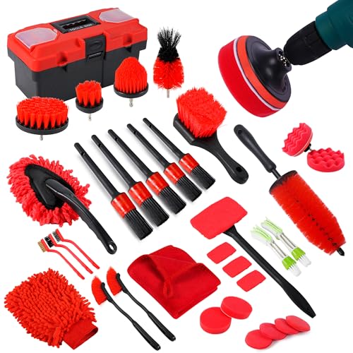 MIANYINGR 35Pcs Car Detailing Kit, Drill Brush Attachments with Detailing Brush Set and Tools Box, Red Auto Cleaning Kit Interior for Wheels, Dashboard, Windows (B：35PCS-R)