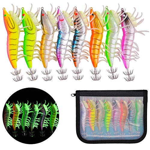 Glow Squid Jig Hooks Saltwater Fishing, 8pcs/Bag Luminous Squid Jigs Shrimp Prawn Lures Set Fluorescent Squid Cuttlefish Sleeve Jig Artificial 3D Octopus Jigs