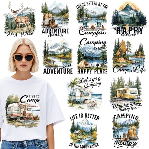 Dazoratix Camping Iron on Transfers - 12 Sheets Adventure DTF Ready to Press for T Shirts Mountain Wild Outdoor Heat Patches Stickers Vinyl Decals for Clothes Appliques Bag Hat Decorations DIY Crafts
