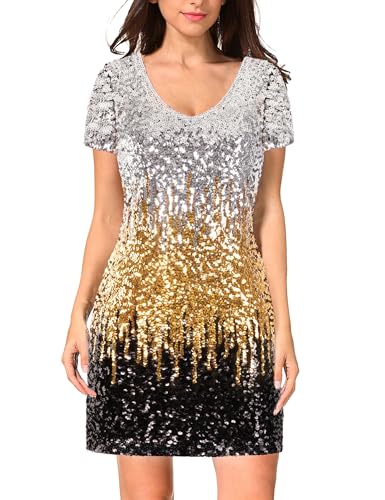 MANER Women's Sequin Glitter Short Sleeve Dress Sexy V Neck Mini Party Club Bodycon Gowns(M,Silver/Gold/Black)