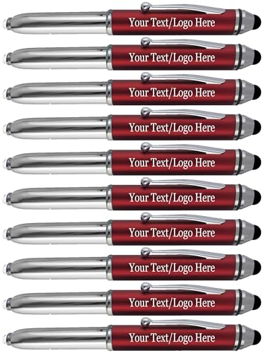 Promotional Pens with your Personalized Text or Custom Business Logo- Bulk 150 Pack- for Marketing, Parties, and Events, 3 in 1 LED Flashlight + Ballpoint Pen + Stylus for Touchscreen Devices, Red