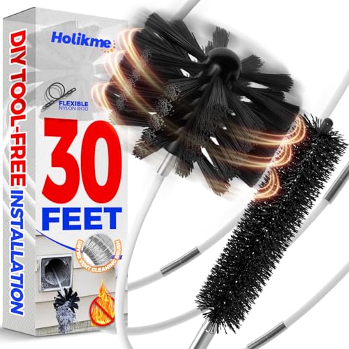 Holikme 30 Feet Dryer Vent Cleaner Kit, Flexible Lint Brush with Drill Attachment, Fireplace Chimney Brushes Extends Up to 30 Feet for Easy Cleaning, Use with or Without a Power Drill