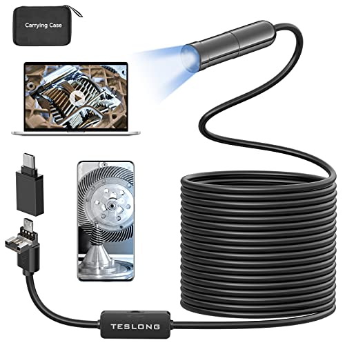 5MP Auto-Focus Endoscope, Teslong 3rd Generation USB Borescope with 5.0 Megapixel Inspection Camera, 16.5ft Waterproof Semi-Rigid Cable & Adjustable Led Lights Probe for Android Phone Windows MacBook