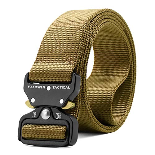 FAIRWIN Tactical Belt, Military Style Webbing Riggers Web Belt Heavy-Duty Quick-Release Metal Buckle (Tan, S 30"-36")
