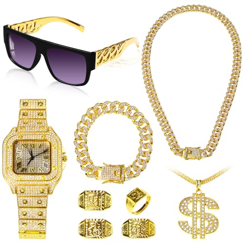 9 Pcs Hip Hop Jewelry Set Dollar Sign Pendant Necklace Bracelet Diamond Watch Punk Sunglasses Rings, 80s 90s Rapper Accessories, Cosplay Club Old School Themed Party Supplies for Men Women