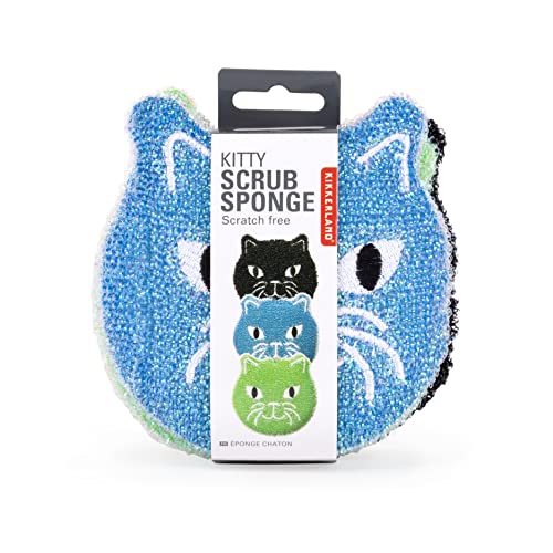 Kikkerland Kitty Cat Scrub Reusable Sponges, for Scrubbing, Cleaning, Dishwashing,Kitchen Scrubbers, Set of 3, Black/Green/Blue