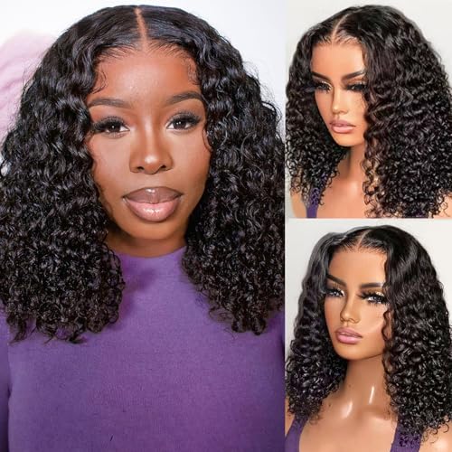 HIRIREMY Deep Wave BOB Wig Human Hair 13x4 HD Curly BOB Lace Front Wigs Human Hair Pre Plucked Wear And Go Glueless Short Curly Frontal BOB Wigs For Black Women Wet And Wavy 14 Inch
