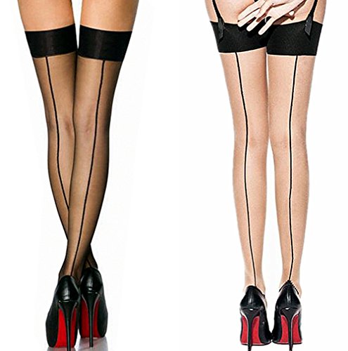 ICGSUQR 2 Pair Nylon Sexy Thigh High Stockings With Back Seam For Women Suspender Garter Belts Cuban Heel Tights Pantyhose (Black+Skin)