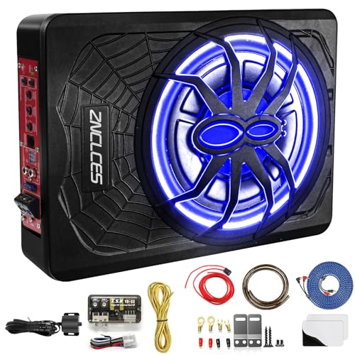 2025 Upgraded 10"1200W Slim Under Seat Powered Car Subwoofer, Car/Truck Sub Built in Amplifier for outstanding Heat Dissipation, Powerful bass and Blue LED Ambient Light enjoy Audio Experience