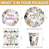 APOWBLS Young Wild And Three Decorations Girl Dinnerware, Safari 3rd Birthday Party Supplies, Plate, Cup, Napkin, Tablecloth, Cutlery, Straw, Animal Jungle 3 Year Old Birthday Decorations | Serves 24