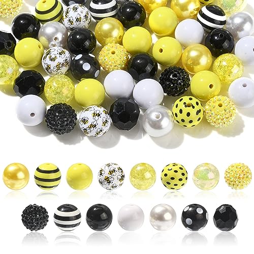 DanLingJewelry 50Pcs 20mm Bee Acrylic Beads Yellow Black Round Ball Beads Dot Stripe Printed Beads for DIY Crafts Bracelet Jewelry Making