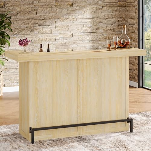 Tribesigns 4-Tier Bar Table, 70.9-Inch Large Modern Home Bar Cabinet with Wine Glass Holder and Black Footrest, Liquor Cabinet with Storage Shelves for Kitchen, Dining Room, Living Room, Pub, Oak Wood