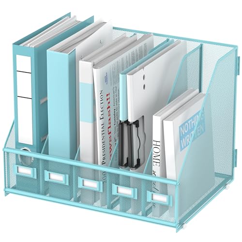 SUPEASY Desk Organizers Metal Desk Magazine File Holder with 5 Vertical Compartments Rack File Organizer for Office Desktop, Home Workspace, Blue Plus