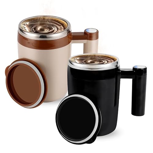 Self Stirring Coffee Mug – 14oz Rechargeable Magnetic Stirring Cup, Waterproof Design, Electric Stainless Steel Mugs for Coffee, Milk & Cocoa – Black & Brown, 2-Pack – Lover Mugs for Home & Office