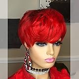 PangDongLai Pixie Cut Wigs for Black Women 1b/red Color Short Layered Pixie Wigs Human Hair Wigs With Bangs Brazilian Virgin Staight Human Hair Wigs Glueless Wigs Full Machine Made Wigs (1b/red)