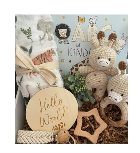 Sweet Safari Giraffe Gift Box with Swaddle Blanket and Book - Handmade Organic Cotton Crochet Giraffe Rattle and Toy. Baby Gift Set, Unisex, boy, girl, newborn